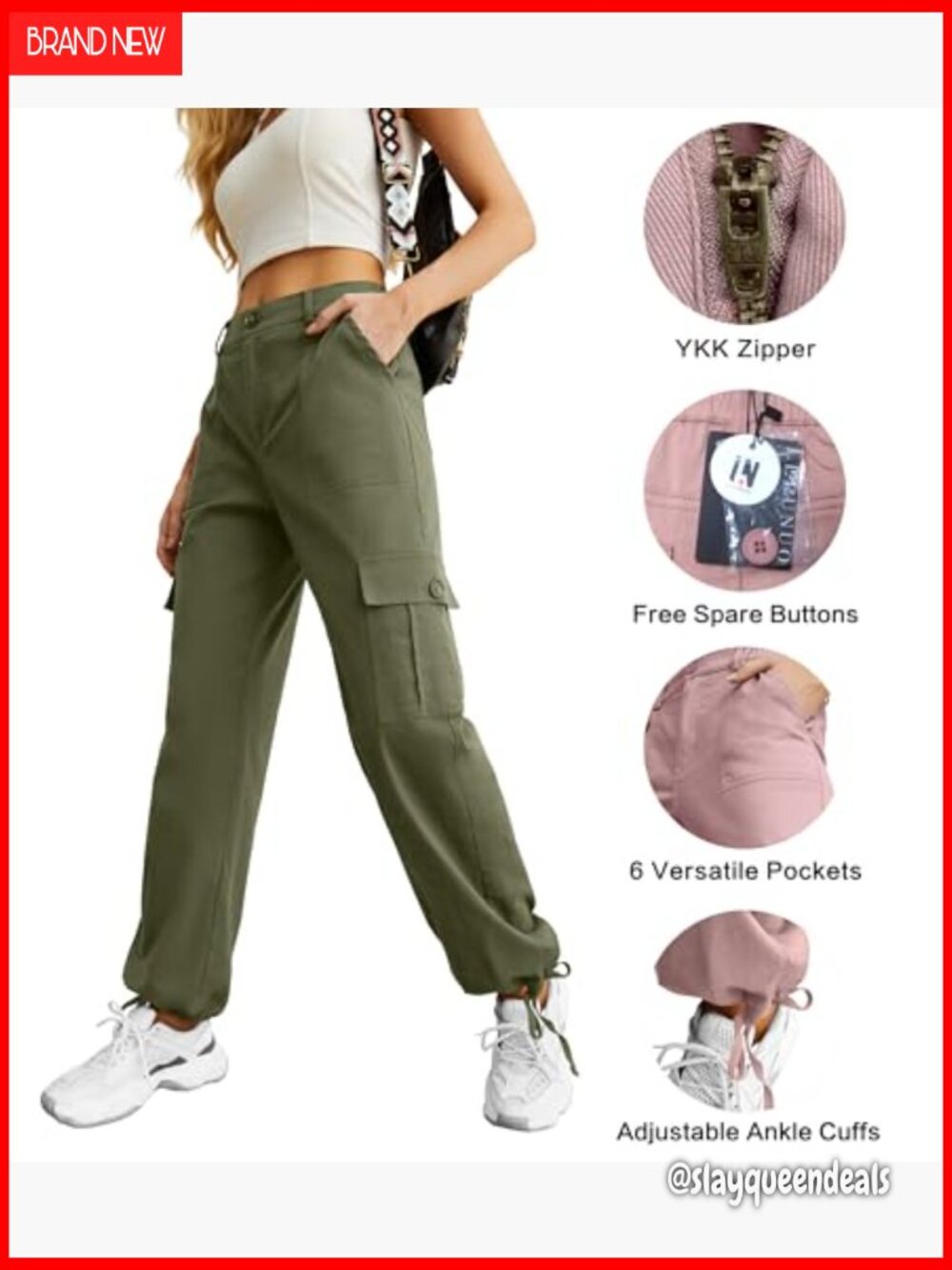 High Waisted Cargo Pants Y2K Streetwear Baggy Stretchy 6 Pockets Drawstring Cuff - Picture 3 of 7